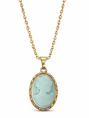 Mint Green Cameo Necklace Gold Tone Oval Pendant Vintage Style